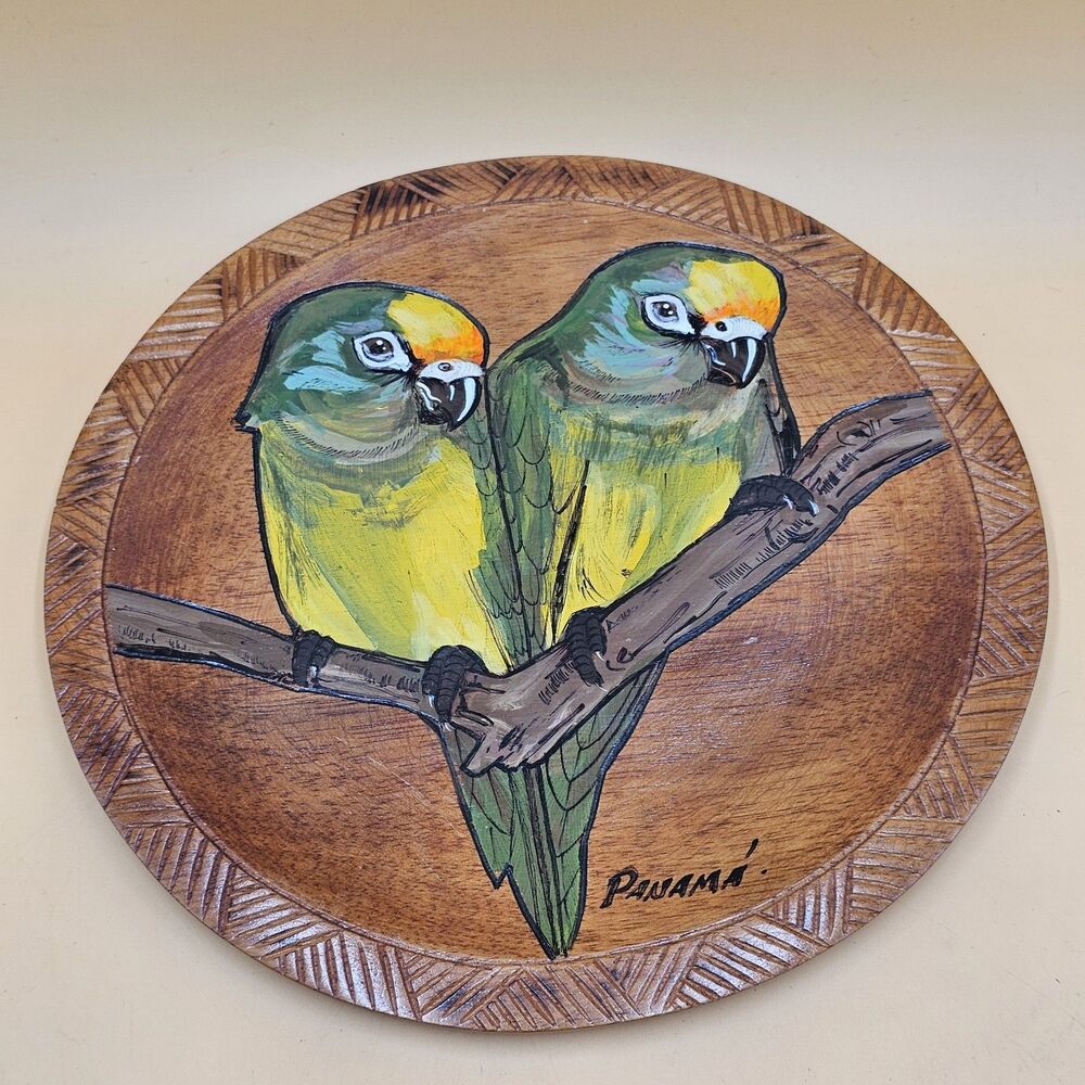 Vintage Hand Painted Peach Nosed Parakeets Decorative Wood Plate Made In Panama!